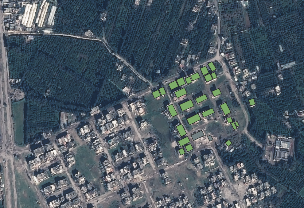 Post-event Pleiades image over Latakia, Syria with building polygons overlaid